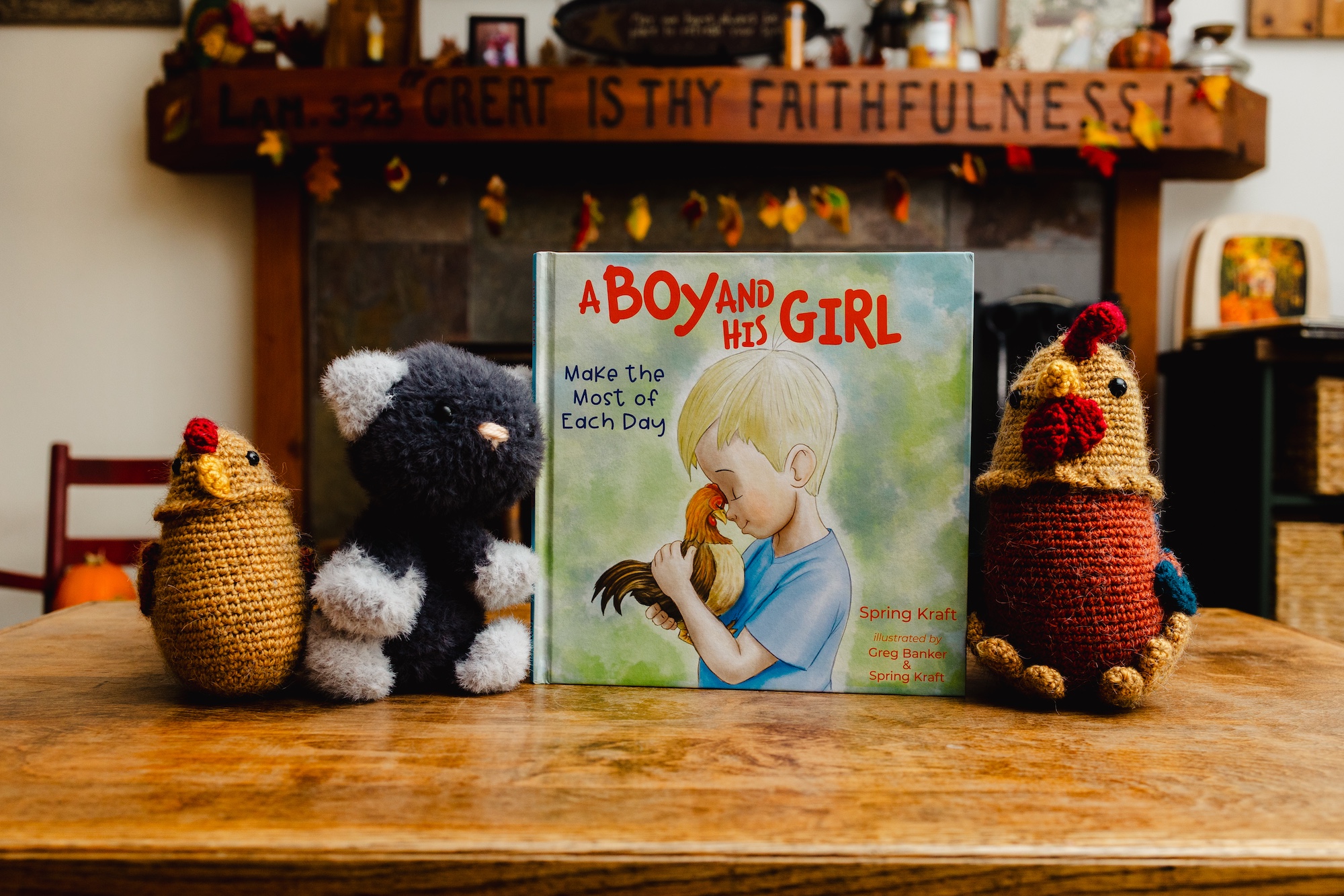 A Boy and His Girl book displayed on a wooden table with handmade animal toys